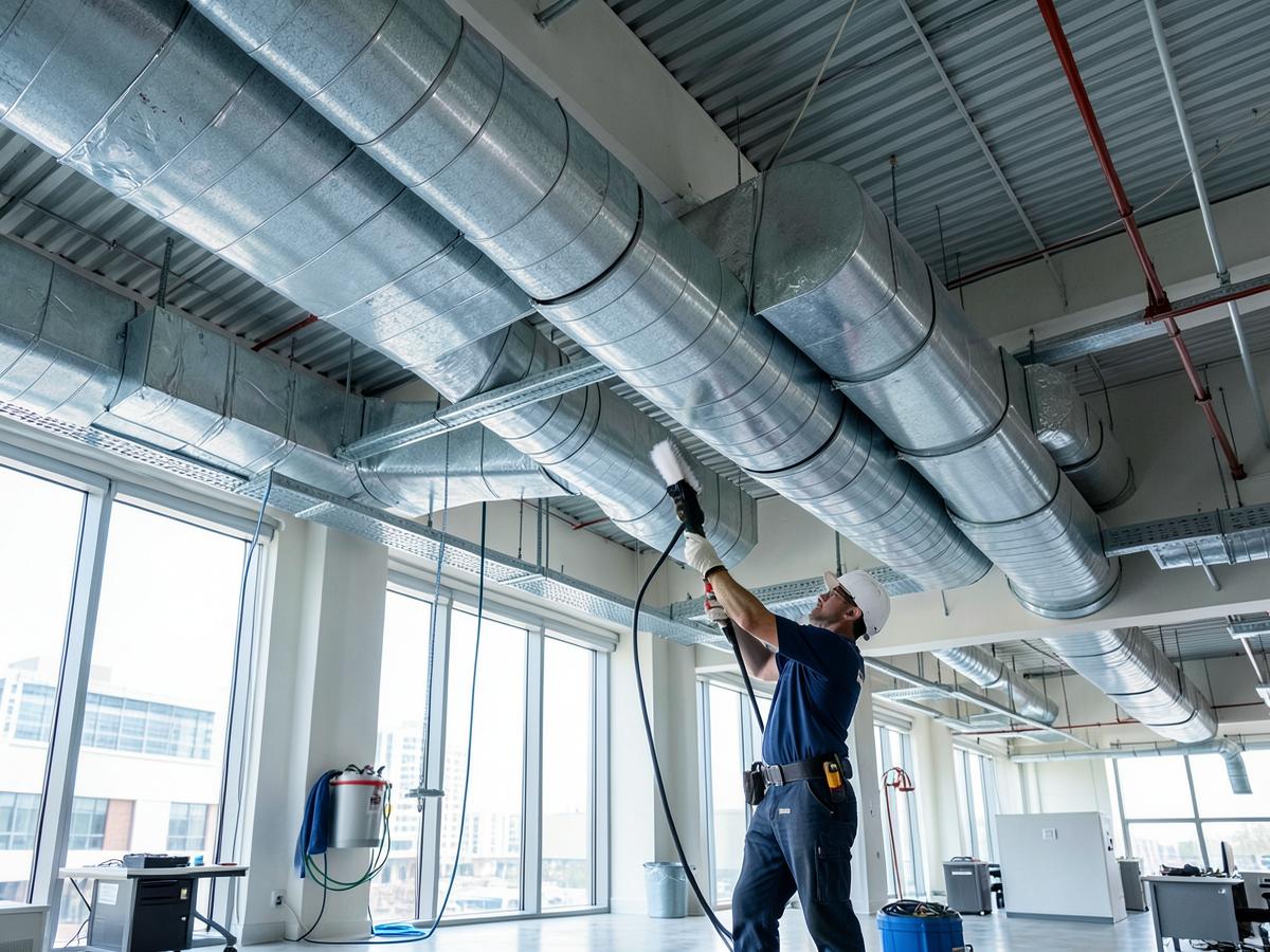 Technician cleaning large commercial HVAC ductwork in a Pikesville office building
