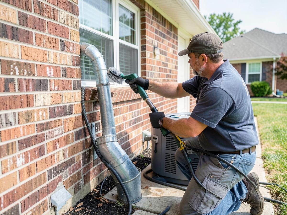 Technician brushing lint from a dryer vent duct on the exterior wall of a Baltimore County home